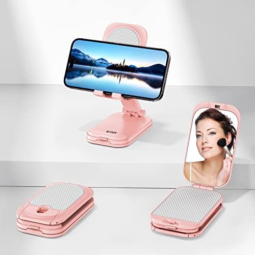 Преклоплив мобилен телефон Стенди за биро, со огледало за шминка 2 во 1 држач на телефонот прилагодлив агол Висина на мобилниот телефон лулка десктоп пристаниште ко