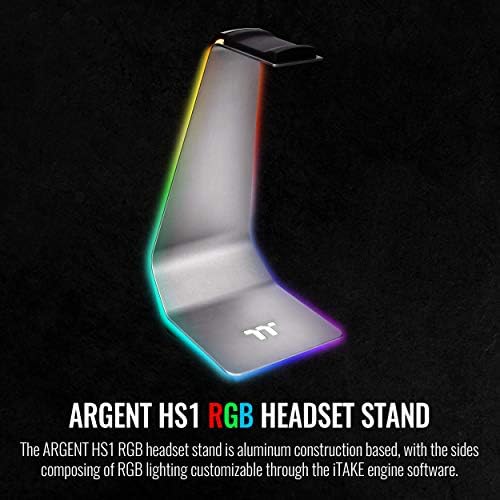 Термилтајк Аргентински HS1 RGB за слушалки за игри со 3,5 mm AUX и 2 USB порти, алуминиумски држачи за слушалки за решетки, Sync за осветлување ефекти tt RGB Plus производи. GEA-HS1-THSSIL-0