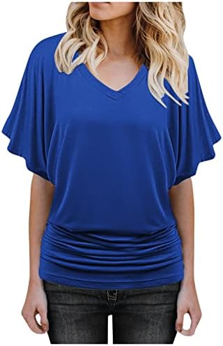 Зефотим блузи за жени 2023 година Руфл против вратот краток ракав секси трендовски врвови модни обични обични лабави кошули