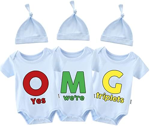 Qianwanyi бебе тројки каросерија Да, ние сме тројки новородени бебиња близнаци облеки за новороденче омг ромпер со сет на капа
