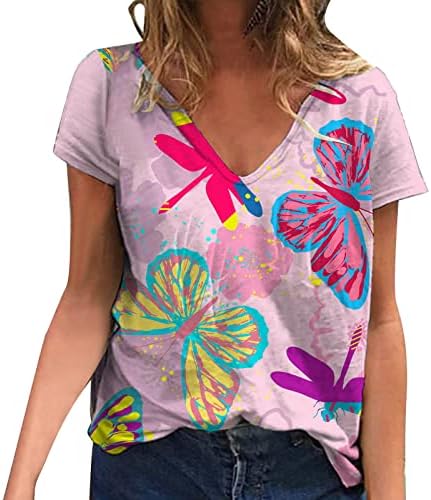 Womenените летна обична врвна кошула V вратот печатена маица со кратки ракави Туника блузии лабави ленти за кошули за жени