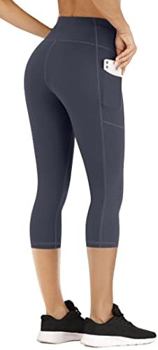 ИУГА Капри хеланки за жени со џебови со високи половини јога панталони тренингот на капри хелеги со џебови за спортско трчање