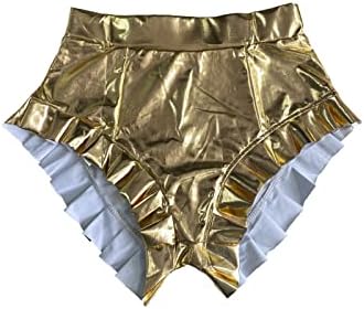 QFMQKPI жени секси шорцеви со високи половини сјајни метални плен шорцеви 90 -ти години на минати ноќни клубови топли панталони