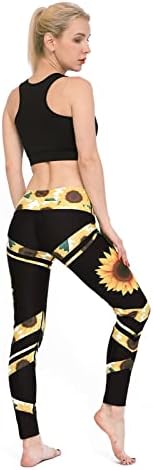 Сончогледни шема хеланки цветни хеланки со џеб со висока половината контрола на стомакот печатени панталони за јога за тренингот