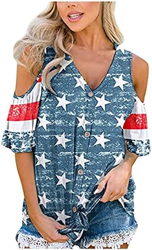 lcepcy Американско знаме ладно рамо кошула жени 4 -ти јули патриотски кошула starsвезди ленти против копчето за вратот надолу