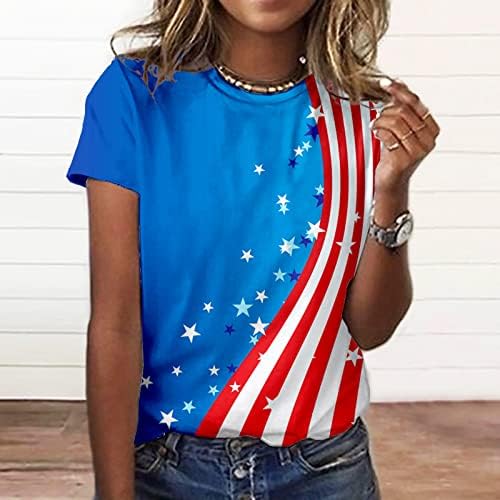 Обични кошули тинејџерски девојки Краток ракав со еден рамо за рамо, искријте го вратот, чипка, патриотски врвови на врвови,