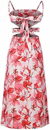 Женски обичен фустан 2023 лето трендовски цветни шпагети ленти без ракави, шупливи од половината, разделени макси фустани
