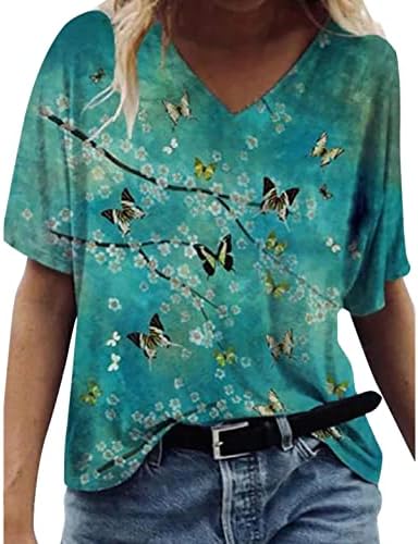 Печата за печатење на пеперутки печати блузи за јуниори есен летен краток ракав vneck обични врвови маици тинејџерски девојки