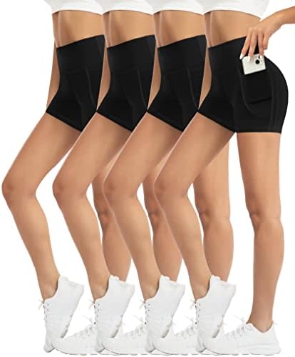 Мирис атлетска јога велосипедисти шорцеви за жени - 4 пакувања тренингот што работи спандекс со одбојка со одбојка со високи половини со џебови