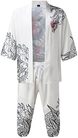 Големи и високи костуми за мажи за слободно време на мажи Опуштено античко дигитално печатење Кимоно Касок кардигански кошули