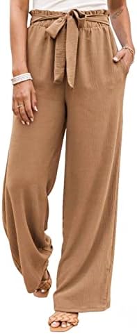 Lcepcy широки панталони за нозе за жени за жени со висока половината лабава обична цврста боја панталони удобни слаби тежини со џебови
