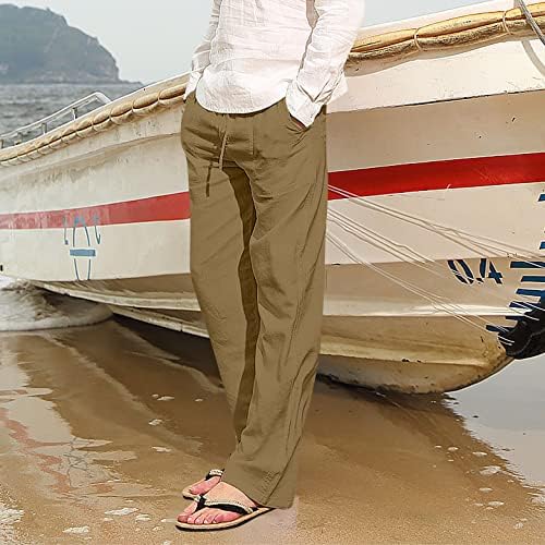 Менс панталони, машка памучна постелнина лежерни панталони еластични џебови на половината плажа, оставини, панталони за јога