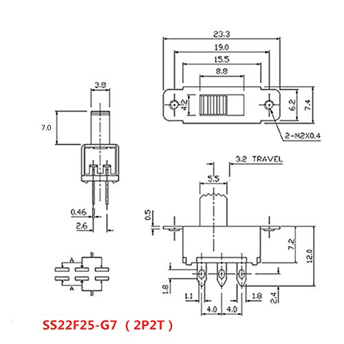 Qiing SS22F25-G7 2-позиција DPDT 2P2T панел монтирање мини слајд прекинувач за лемење за лемење 20 парчиња