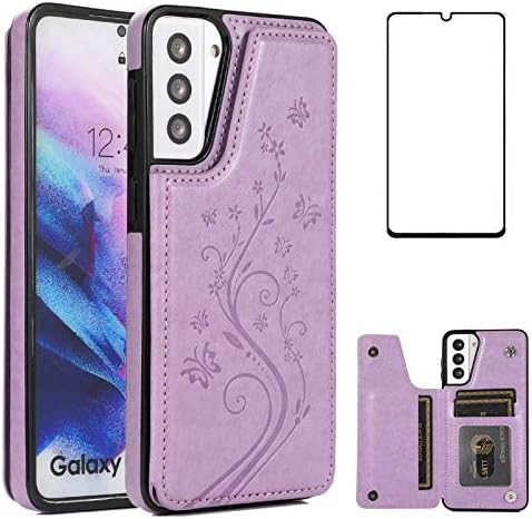 Телефонски случај за Samsung Galaxy S21 Glaxay S 21 5G 6,2 инчи со заштитени стаклени екран заштитник и држач за картички на паричникот на паричникот, додатоци за кожни мобилни дод