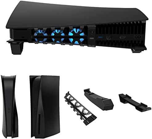 Додатоци на Nexigo PS5 Црна серија, PlayStation 5 хоризонтален штанд [минималистички дизајн], вентилатор за ладење PS5 со LED