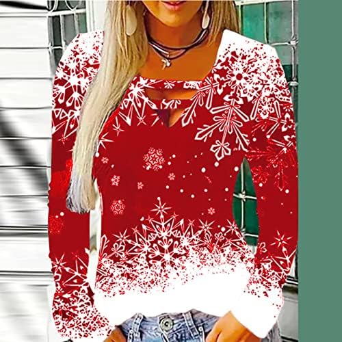 Женска Божиќна печатена блуза маица против вратот Неправилен спој со долг ракав Врвен женски обичен Божиќен фустан