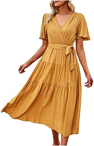 Lutmen'sенски летен цврст фустан обичен кратки ракави коктел забава фустан секси крст V вратот појас занишан проток миди фустани