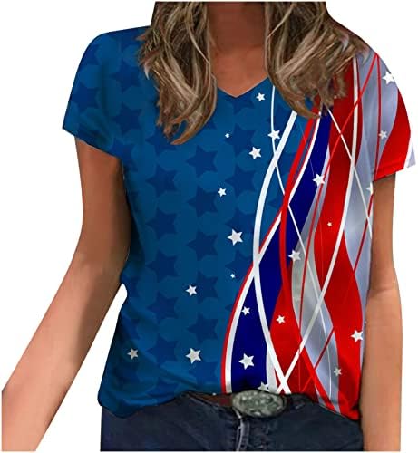 Патриотски кошули за САД за жени 4-ти јули модно американско знаме starsвезди ленти печатени кошула со кратки ракави со врат