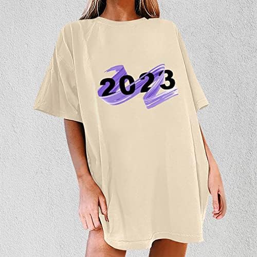 Womenените 2023 врвови на туника, обичен графички принт, краток ракав, тркалезен врат, лабава лабава маичка со преголема капка