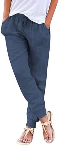 Постелни панталони за жени, женски затегнати панталони памучни постелнина, еластични панталони за половината, обични панталони