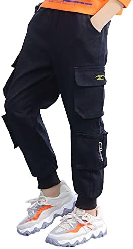 Лесни за деца момчиња со високи половини панталони џогери случајни сол-бои стритични атлетски панталони со мулти-џеб