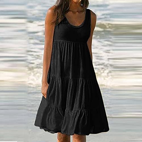 Womenенски плажа мини фустан моден цврст бои руфли помска маица фустан летен без ракав лабава лежерна салон за одмор