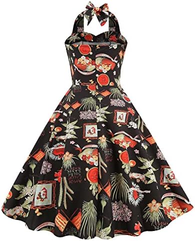 Коктел фустан за жени гроздобер цветни печатени ракави без ракави, облечени во линијата за леќички V вратот, занишани фустани