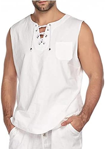 Памук ленен резервоарот Топ кошули за мажи - Обична чипка без ракави на плажа хипи врвови на боемска ренесанса пиратска туника