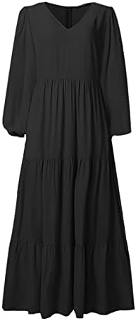 Зефотим Обични фустани за жени 2023 година Долг ракав против вратот лабав вграден обичен проток максичен фустан