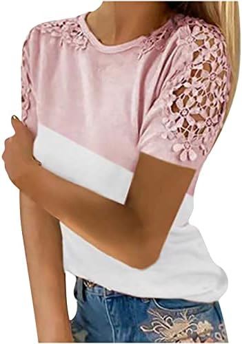 Девојки шарени есен лето 2023 година со чипка со кратки ракави, памук екипаж на вратот на вратот на вратот на маицата за жени