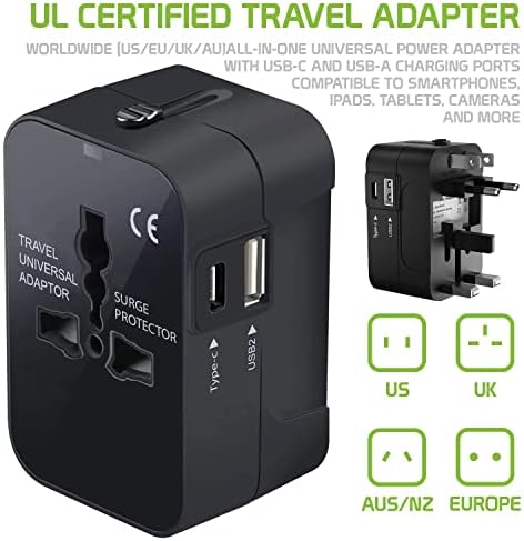 Travel USB Plus Меѓународен адаптер за напојување компатибилен со Samsung SM-G928T за светска моќ за 3 уреди USB Typec, USB-A