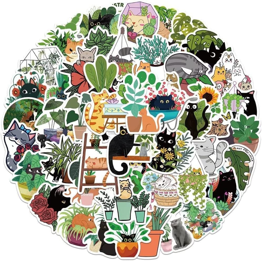 Налепници за мачки и растенија | 50 парчиња симпатични налепници за цртани филмови за мачки винил водоотпорни налепници за црни